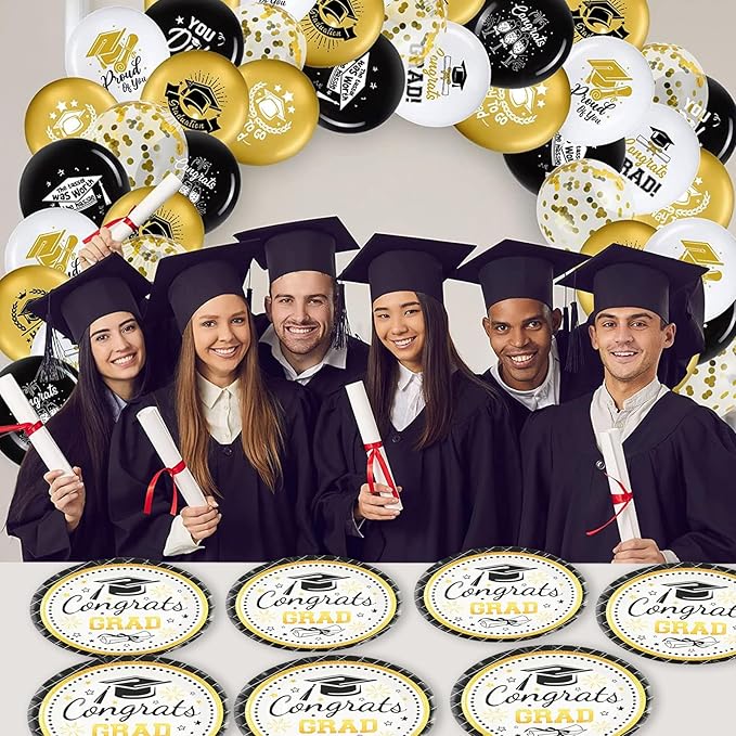 50PCS Graduation Plates Party Supplies, 7INCH Black and Gold Paper Plates and Napkins 2026 Graduations Party Decorations Disposable Tableware for College High School Congrats Grad Party Supplies