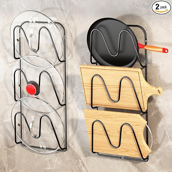 2 Pack Pot-Lid-Organizer, 6-Tier Pots and Pans Lid Organizer Under Cabinet, No Drilling, Rustproof, Lid-Organizers-Inside-Cabinet for Small-Space-Solution & Kitchen Cabinet Organization
