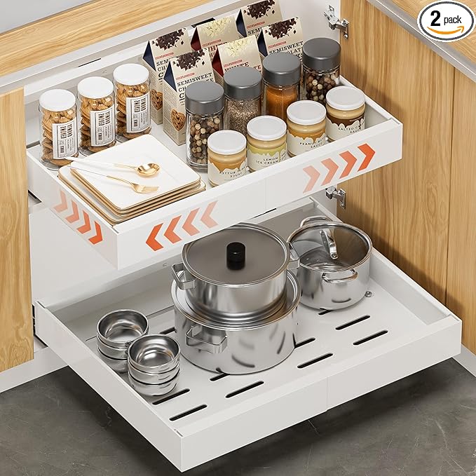 lockincar 2 Pack Expandable Pull Out Cabinet Organizer 21" Deep, Adjustable Width 12.2"-20.4" Slide Out Drawers & Roll Out Shelves for Kitchen Cabinets, Easy Install with Double-Sided Adhesive, White