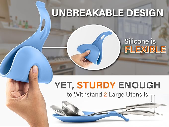 Silicone Spoon Rest for Stove Top Set of 3 – HEAT RESISTANT DISHWASHER SAFE Kitchen Utensil Holder for LARGE Utensils - Won’t Break - Non-Slip - Ideal for Glass & Induction Cooktops - for Home Cooks