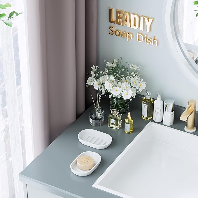 Bathroom Soap Dishes, Not Plastic！White Soap Dishes for Bar Soap, Bamboo Soap Dishes Holder for Bathroom Shower, Bathroom Sink Soap Dish (White)