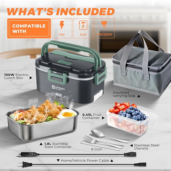 Annie & Mia Design Electric Lunch Box for Adults, 100w 1.8L Portable Food Warmer for men Heated Lunch Box for Adults, Home/Car/Office/Truck Use, Lonchera Eléctrica Portátil Green