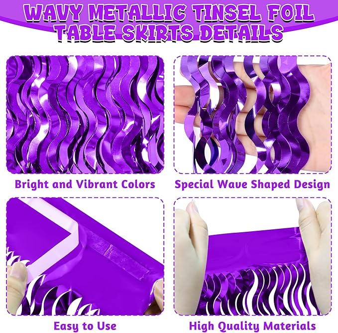 Mardi Gras Table Skirt, 2 Pack Purple Foil Grass Table Skirt, Halloween Metallic Wavy Tinsel Foil Fringe Table Skirts, Table Skirts for Halloween Graduations Mardi Gras Parade Party Decor