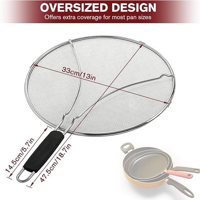 Splatter Screen for Cooking, Perforated Stainless Steel,13 Inch Stainless Steel Grease Splatter Guard, Comfortable Grip, Shield from Splashing Oil