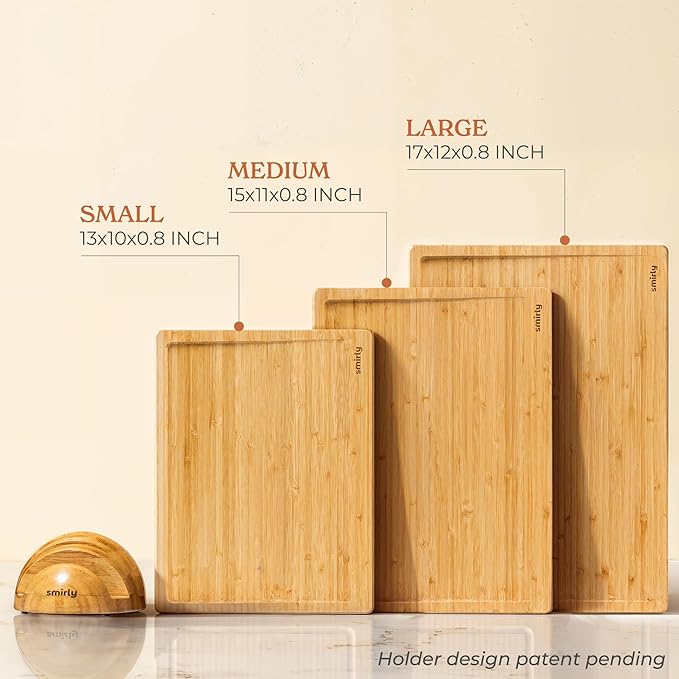 SMIRLY Wooden Cutting Boards For Kitchen Meal Prep & Serving - Bamboo Cutting Board Set with Holder, Charcuterie & Chopping Board, Wood Cutting Board Set, Kitchen Gadgets