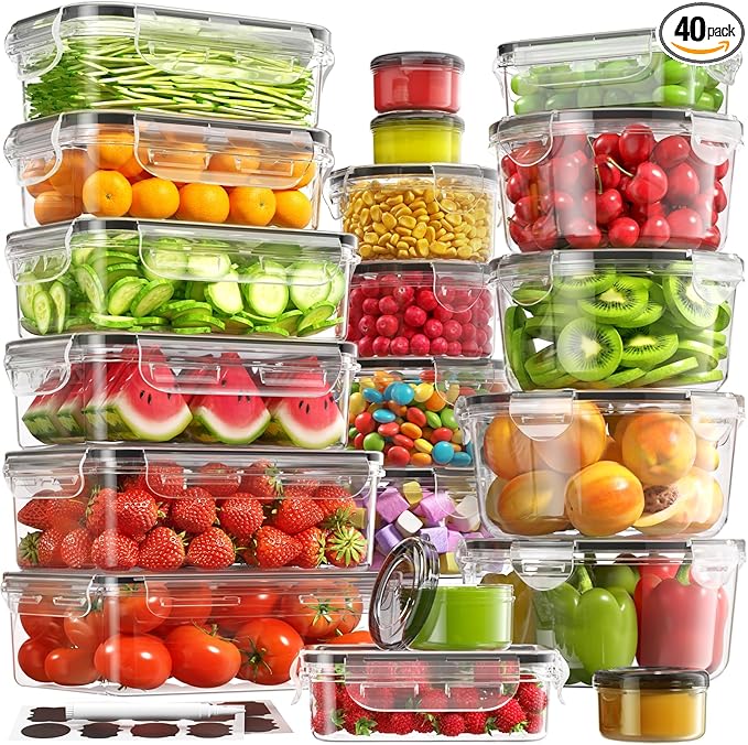 BiuLeon 40 PCS Food Storage Containers with Lids Airtight (20 Containers & 20 Lids), Leakproof Meal Prep for Kitchen Storage, BPA-free, Food-grade, Reusable, Microwave/Dishwasher Safe