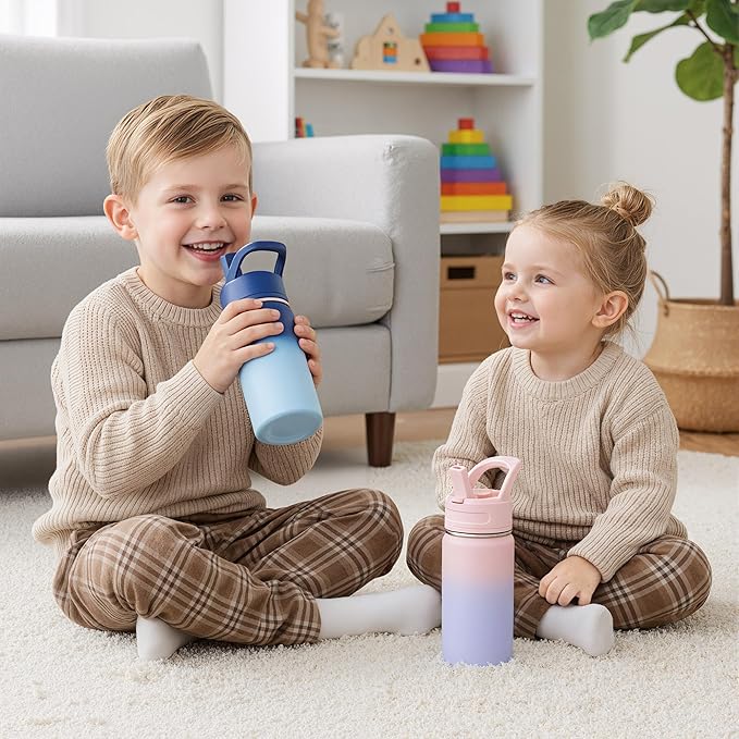 Fijinhom 12oz Kids Water Bottle for School, Toddler Bottles with Straws, Stainless Steel Vacuum Insulated Water Bottle for Boys&Girls, Leak-Proof, BPA-Free, Cherry