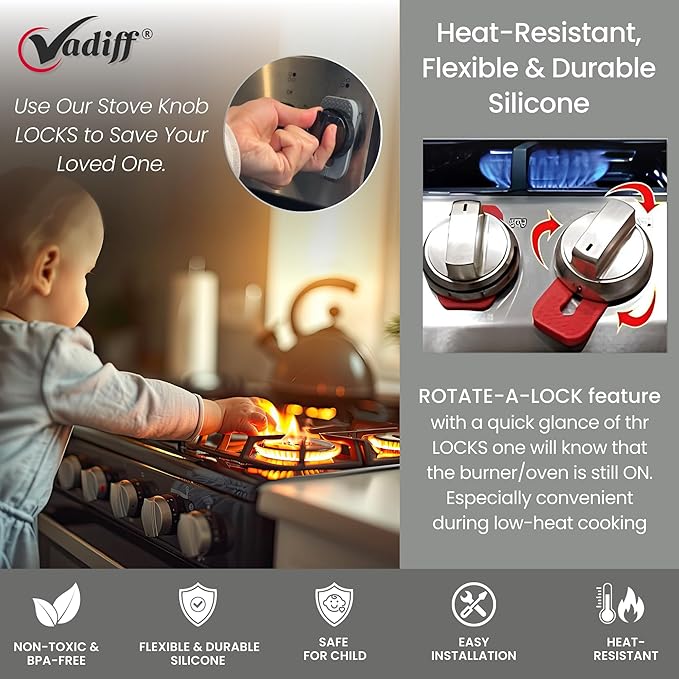 2025-26 Mom's Choice Winner- Gas Stove Knob Locks - Red Silicone Stove Knob Safety Covers for Toddlers, Pets - Child Proof Universal Size Knobs - Baby Proofing Protectors for Electric Stoves- 5Pcs