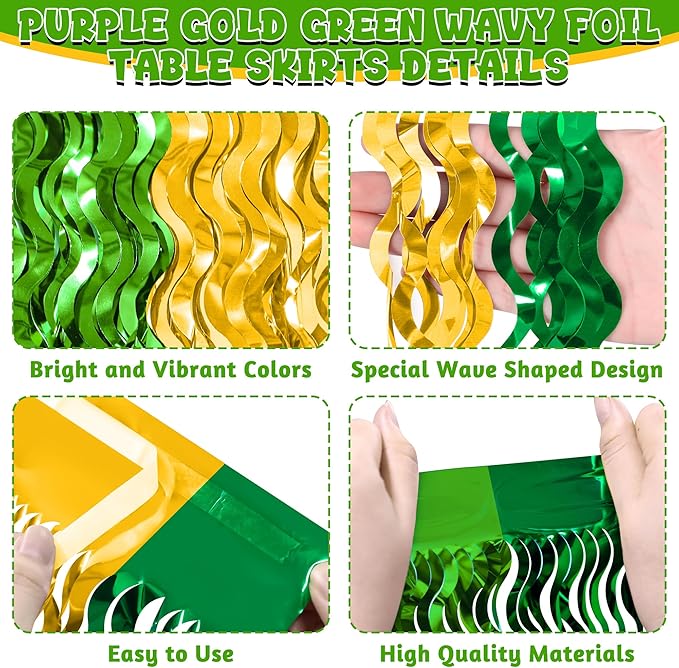 2 Pack St Patricks Day Table Skirts Decorations, Green Gold Saint PatricksTable Skirt, 29.5 x 108" Irish Decor, Metallic Wavy Tinsel Fringe Foil Grass Table Skirt for Party Event Parade Float Decor