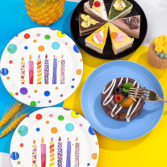 50PCS Happy Birthday Plates and Napkins, 7inch Colorful Dots Birthday Cake Dessert Plates Disposable Paper Dinnerware Set for Birthday's Party Supplies Decorations (Birthday's Candle, 7 Inch)