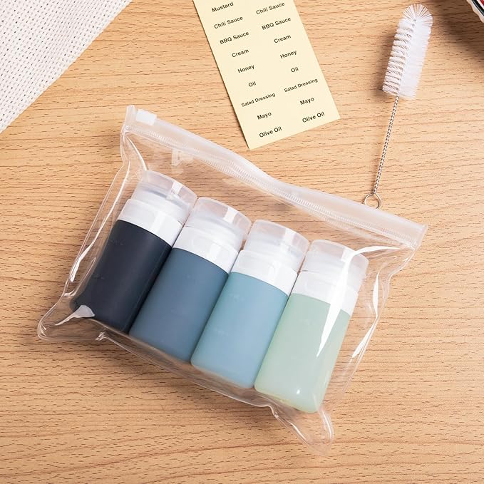 MICEBAY Condiment Squeeze Bottles for Sauces, 2-oz Mini Silicone Salad Dressing Container to Go with Reusable Sandwich Bag, Leakproof Ketchup Bottle for Bento Lunch Box, 4 Pack, Gray