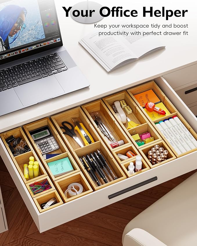 12-Piece Bamboo Desk Drawer Organizer Set – Adjustable Storage Boxes with 24 Compartments, Non-Slip, Modular Design for Office, Jewelry, Vanity, and Kitchen Utensil Drawer Storage