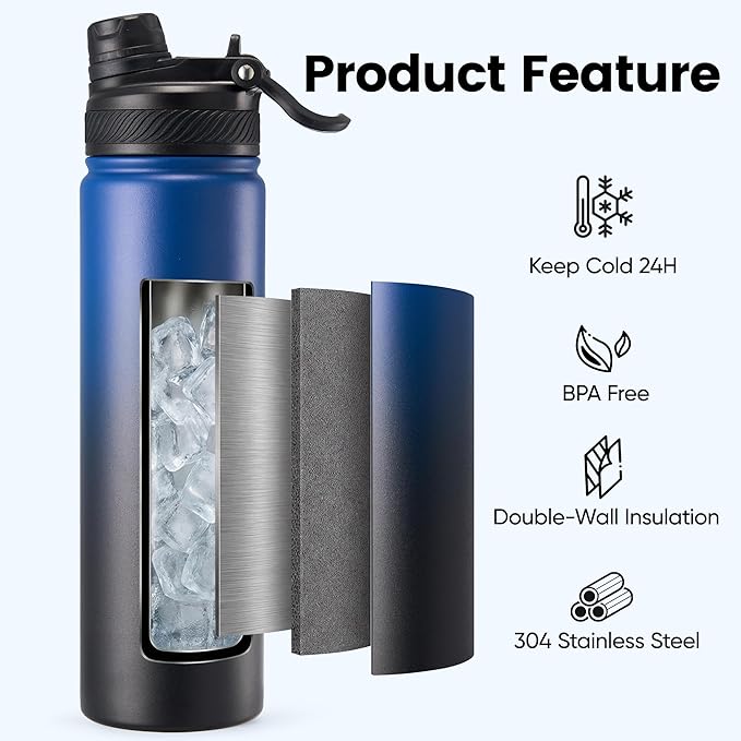 Fijinhom 24 oz Insulated Water Bottle, 2-in-1 Straw and Spout Lid Stainless Steel Thermos, Leak-Proof, Double Wall Vacuum Flask, Keep Cold 24H for Outdoor, Sports, Travel, School (Blue&Blck)