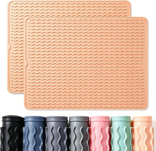 CAKETIME 2 Pack Silicone Dish Drying Mat for Kitchen Counter Waterproof Place mats Sink Protector Stove Top Organizer Cooking Appliance Trays Dryer Rack Drainers Items Extra Large 24"x18" Beige
