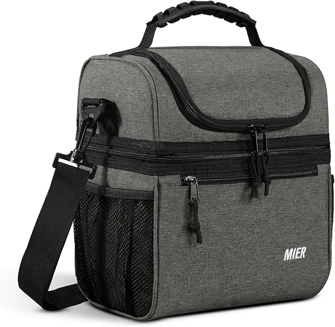 MIER Insulated Lunch Box Dual Compartment Lunch Bag Leakproof Cooler for Men Women Adult Work, Grey, Medium (Upgraded Extra-Tall Bottom Layer)