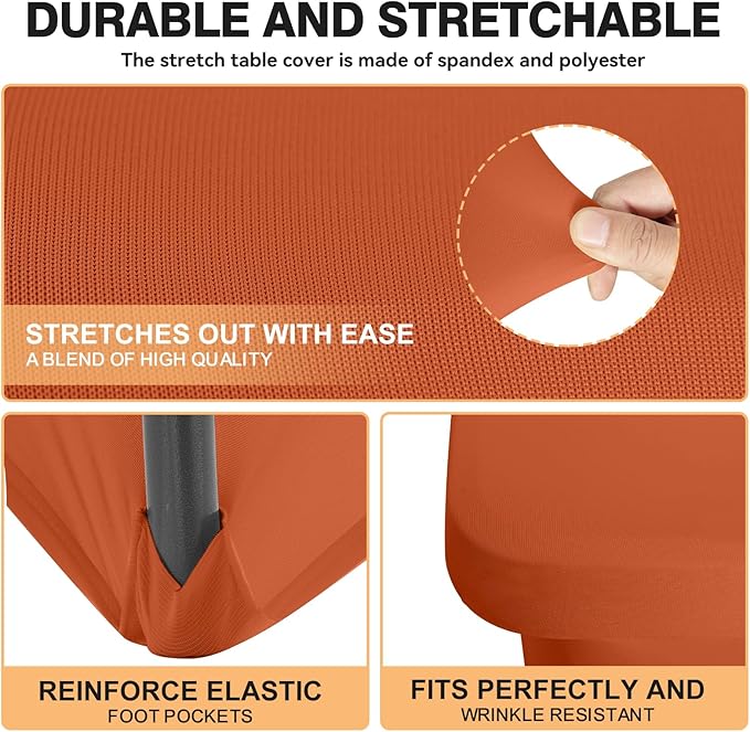 2 Pack 6 Feet Orange Spandex Tablecloth for Rectangular Tables, Fitted & Stretch, Washable, Wrinkle Resistant, Perfect for Event, Wedding, Party, Banquet, Cocktail, Festival, and Table Protector