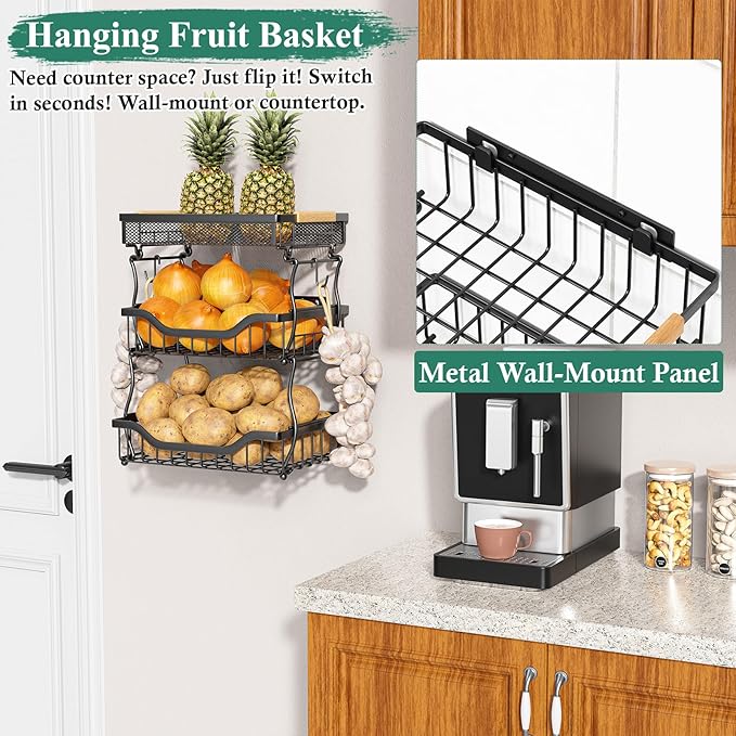 OKZEST 3-Tier Fruit Basket for Kitchen Counter, Wall Hanging Fruit Bowl and Kitchen Countertop Organizer with 2 Banana Hangers, Fruit Storage Stand for Storing Potato Onion Snack Bread Fruit Veggie