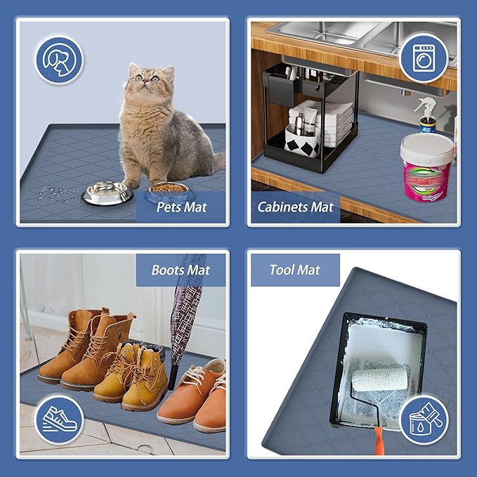 URMONA 40" x 22" Waterproof Silicone Mat in Multiple Sizes & Colors, Under Sink Mat for Kitchen & Bathroom, Pet Food Pad for Dogs & Cats, Kitchen Cabinet Liner, Multi-Purpose for Storage(Khaki)