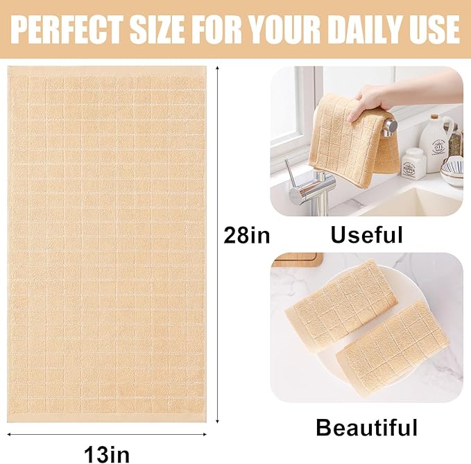 Homaxy 100% Cotton Terry Kitchen Towels(Apricot, 13 x 28 inches), Checkered Designed, Soft and Super Absorbent Dish Towels, 12 Pack
