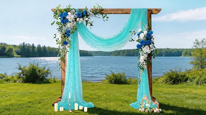 Socomi Pearl Table Runner Teal Blue Summer Wedding Arch Draping Fabric 19FT Sheer Tulle Chiffon Gauze Cheese Cloth Outdoor Drapes for Birthday Party Baby Shower Bridal Engagement Decor