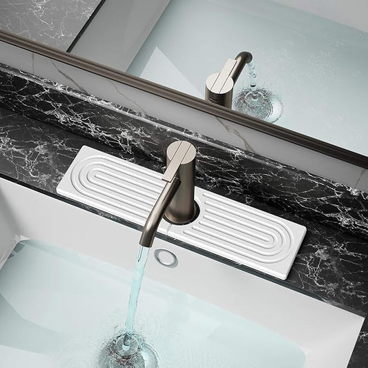 DK177 Faucet Mat for Kitchen Sink - Water Absorbing Stone Tray for Sink, Painted Wood Fast-Drying Faucet Mat, Faucet Splash Guard for Bathroom Counter (White, 15.8" x 4")