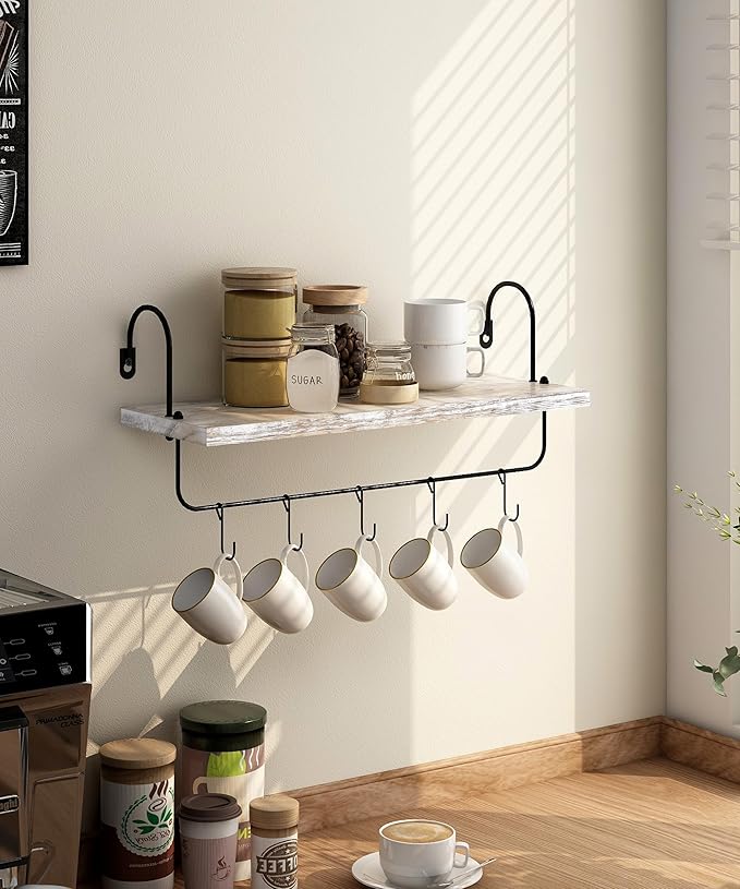 Coffee Mug Holder, Coffee Bar Shelf with Hooks Wall Mount Cup Organizer Mug Racks Pods Storage Hanger Farmhouse Kitchen Decor, White