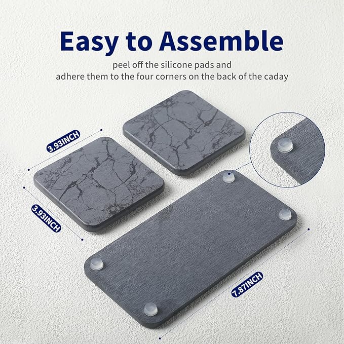 Small Stone Drying Mat & Coasters Set, 3PCS Water Absorbent Diatomite Tray for Kitchen Sink, Bathroom Countertop, Fast Absorbing Stone Holder for Soap, Plants, Toiletries(Marble Grey)