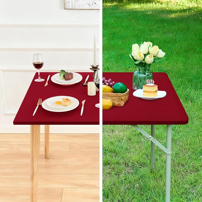 Fitted Rectangle Tablecloth 20 x 30 Inch Elastic Table Cloth for 2.5ft Table, Stretch Spandex Table Cover Burgundy Washable Polyester Table Top Cap Cover for Dining Picnic Camping Indoor and Outdoor