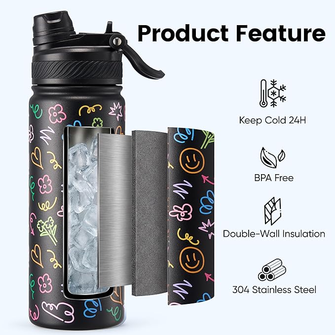 Fijinhom 18 oz Insulated Water Bottle, 2-in-1 Straw and Spout Lid Stainless Steel Thermos, Leak-Proof, Double Wall Vacuum Flask, Keep Cold 24H for Outdoor, Sports, Travel, School (Graffiti)