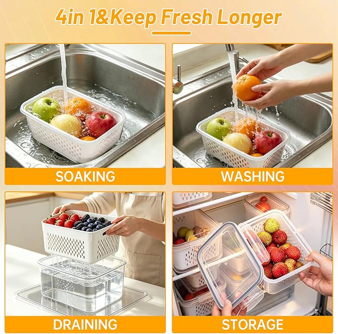 3 Pack Fruit Storage Containers for Fridge with Removable Colander, Airtight Produce Storage Containers for Fridge, 4-in-1 Fruit and Vegetable Storage, Berry Keeper, Stackable Veggie Containers