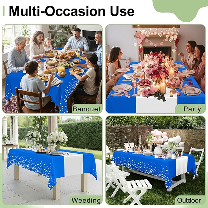Smiry Plastic Table Cloth Disposable 3 Pack, 54 x 108 Inch Rectangle Waterproof Tablecloth, Printed Gold Table Runner Style for Birthday Weeding, Party Decorations, Leakproof & Sturdy, Blue and Sliver
