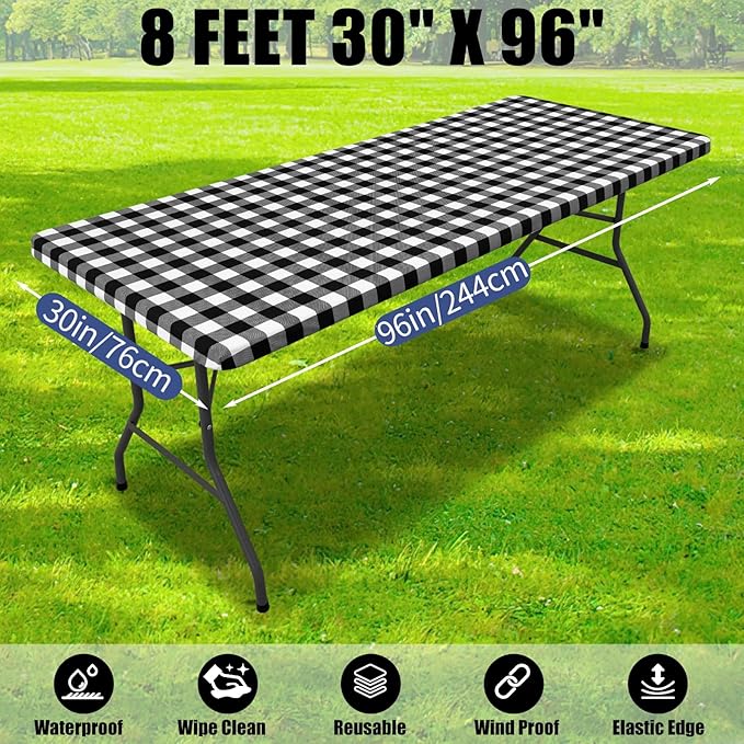 Smiry Picnic Table Cloth 2 Pack, Waterproof Elastic Fitted Tablecloths for 8FT Rectangle Tables, Washable Polyester Buffalo Plaid Tablecloth for Camping, Dining & Outdoor (Black & White, 30" x 96")