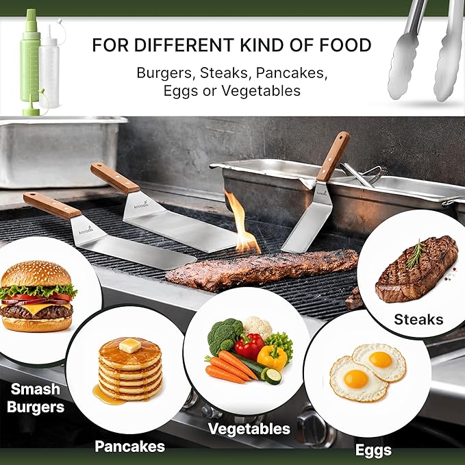 Metal Spatula Set - Griddle Accessories kit - Grill Flat Spatula Pancake Flipper Hamburger Turner - Metal Utensil Great for BBQ Grill Flat Top - Cast Iron Griddle Accessories - Commercial Grade