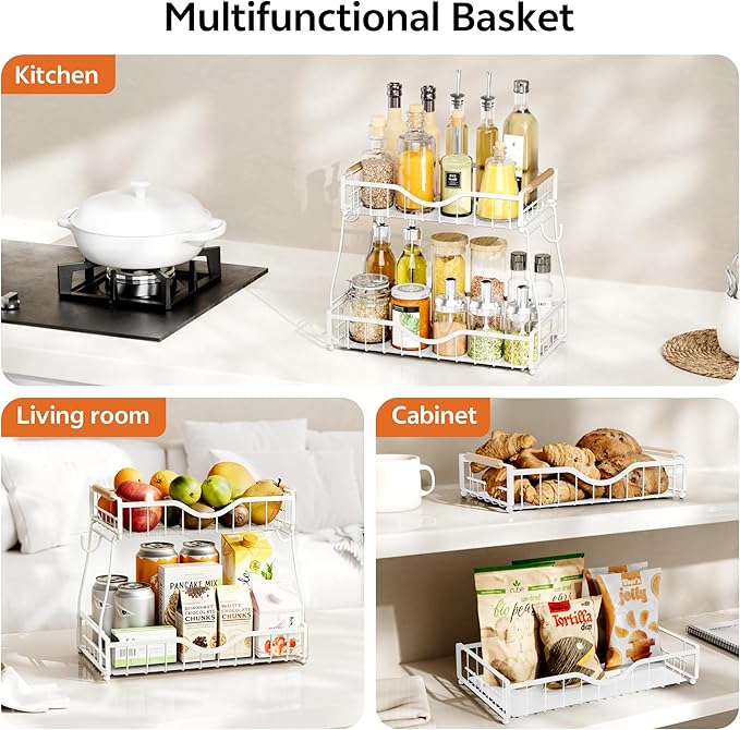 2 Tier Fruit Basket for Kitchen Countertop with 2 Banana Hangers,Detachable Metal Fruit Bowl with Wooden Handles and Protective Pads,Large Capacity Fruit and Vegetable Basket Organizer,White