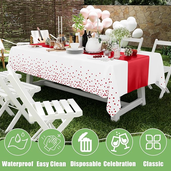 Smiry Plastic Table Cloth Disposable 5 Pack, 54 x 108 Inch Rectangle Waterproof Tablecloth, Printed Gold Table Runner Style for Birthday Weeding, Party Decorations, Leakproof & Sturdy, White and Red