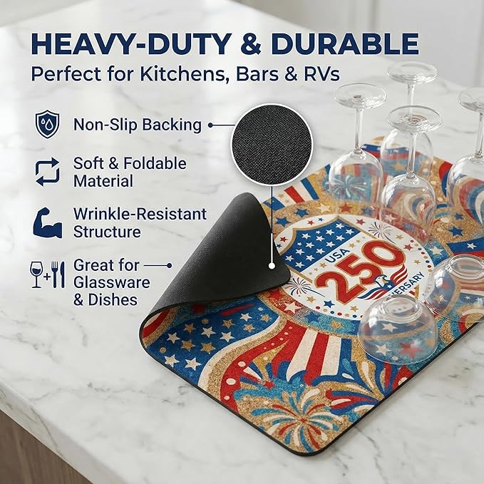 250th Anniversary USA Patriotic Dish Drying Mat 12x20 Absorbent Non-Slip Kitchen Bar Mat, Bold Eagle American Flag Stars Fireworks Freedom Decor for Memorial Day, 4th of July & USA 250 Celebration