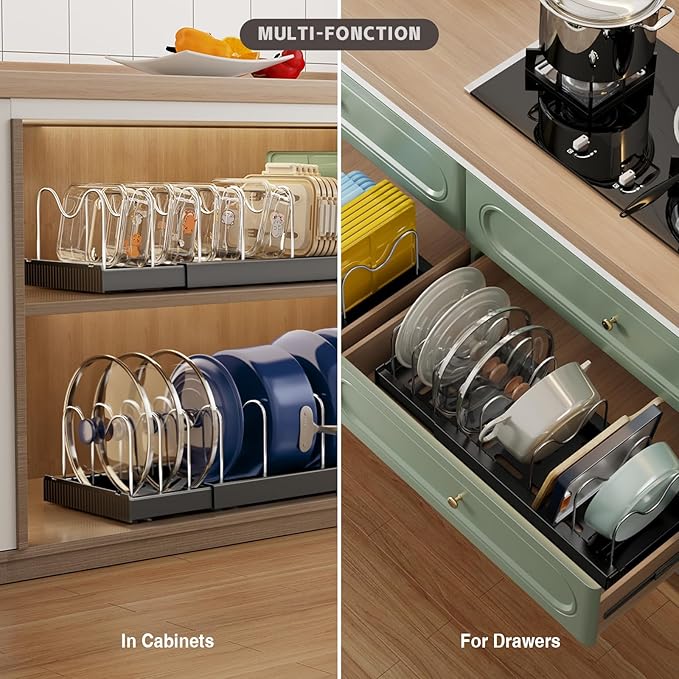 2 Pack Expandable Food Storage Container Lid Organizers, 22" Pots and Pans Organizer Under Cabinet with 9 Adjustable Dividers Pot and Pan Lid Holders Rack Inside Cabinet(Black)