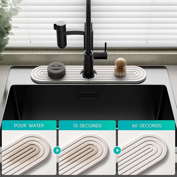 Stone Faucet Mat for Kitchen Sink – Diatomite Fast-Drying Stone Tray, Faucet Mat Sink Splash Guard, Decorative Sink Protector for Kitchen Bathroom Counter [Light Grey, 17.7''x3.9'']