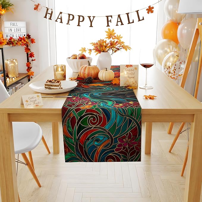 Fall Decor - Stained Glass Table Runner | Fall Decorations for Home | Thanksgiving Table Decor Accessories for Indoor & Outdoor Party Supplies, Thanksgiving Gifts