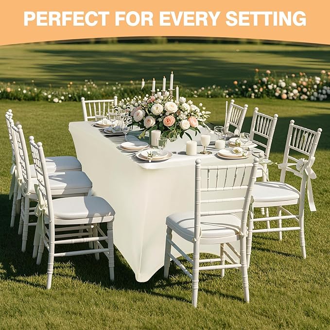 2 Pack 6 Feet Ivory Spandex Tablecloth for Rectangular Tables, Fitted & Stretch, Washable, Wrinkle Resistant, Perfect for Event, Wedding, Party, Banquet, Cocktail, Festival, and Table Protector