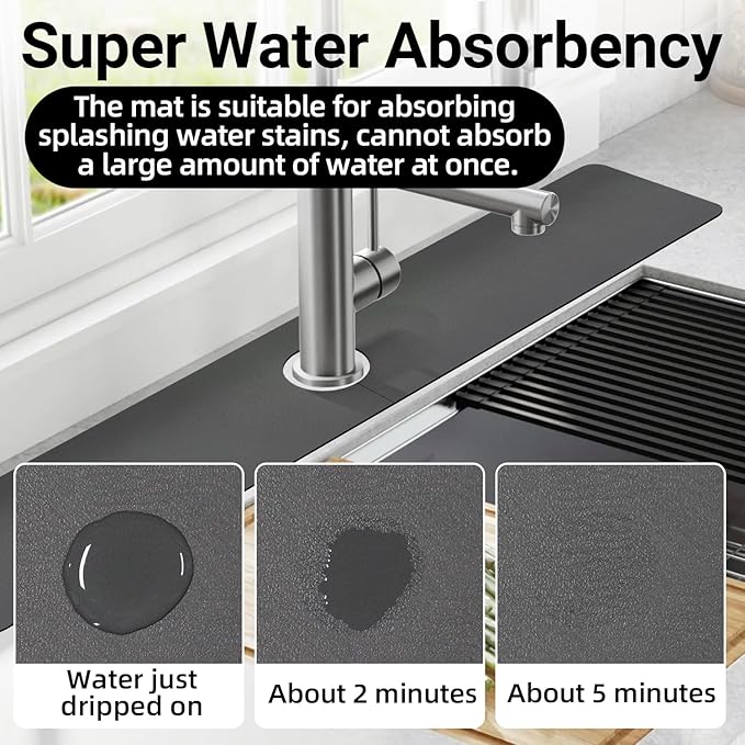 LOPNUR Faucet Mat for Kitchen Sink Protectors, 29 Inch Extra Long Kitchen Sink Splash Guard Behind Faucet, Cuttable Bathroom Water Splash Guard with Super Absorbent Diatomite Fast Drying, Grey