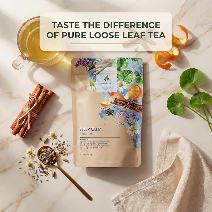 Gardenika Organic Sleep Loose Leaf Tea with Chamomile and Lavender Flowers, Herbal, Caffeine Free, KSA Kosher, Ayurvedic Blend - 4 oz (1 Pack)