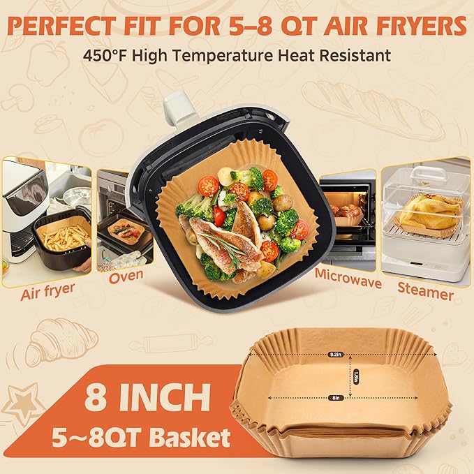 Air Fryer Liners Disposable, 125Pcs Parchment Paper, 8 Inch Non-stick Air Fryer Paper Liners, Unbleached Square Airfryer Liners for 5-8QT Air Fryer, Baking, Roasting Microwave