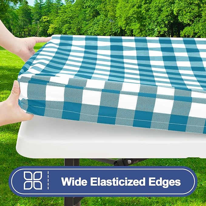 Smiry Picnic Table Cloth 2 Pack, Waterproof Elastic Fitted Tablecloths for 8FT Rectangle Tables, Washable Polyester Buffalo Plaid Tablecloth for Camping & Outdoor (Turquoise & White, 30" x 96")