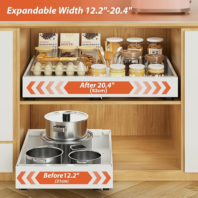 2 Pack 16.5" Deep Pull Out Cabinet Organizer, Adjustable Width (12.2"-20.4") Pull Out Drawers for Frameless Cabinets, Upgrade 3 Slide Rails Slide Out Drawers for Kitchen Cabinets