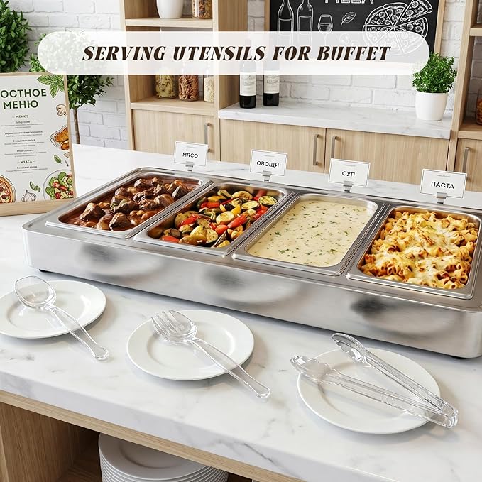 Mwellewm 18Pcs Serving Utensils, 8.5'' Plastic Serving Utensils Set, Disposable Serving Spoons for Buffet, Large Serving Tongs for Food Heavy Duty Party Supplies for Salad Soup Cooking Catering(Clear)