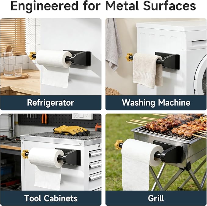 Magnetic Paper Towel Holder for Fridge Strong Magnet Black Kitchen Towel Holders Storage Organizer with Gold Nut for Refrigerator Grill Toolbox