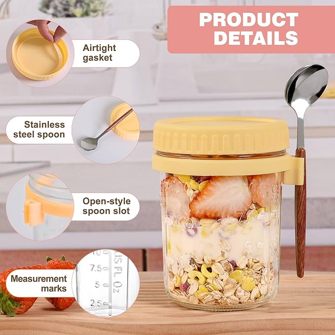 Artcochan 4 Pack Overnight Oats Containers with Lids and Spoons,16 oz Airtight Glass Mason Jars,Leak Proof Overnight Oats Jars for Yogurt, Salad, Chia Pudding