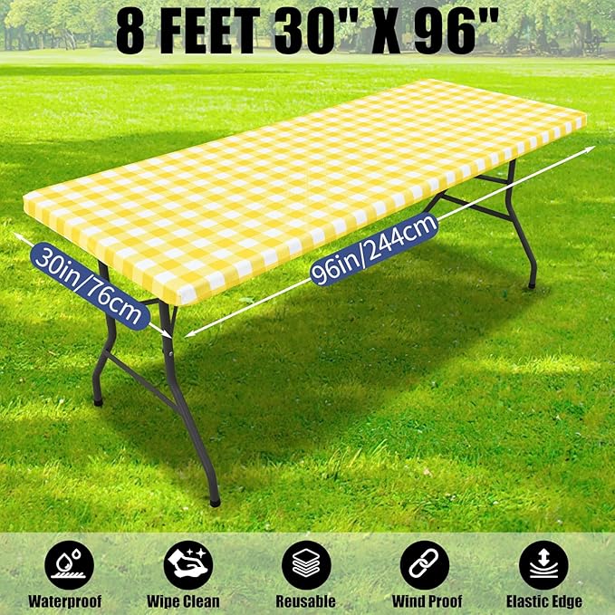 Smiry Picnic Table Cloth 2 Pack, Waterproof Elastic Fitted Tablecloths for 8FT Rectangle Tables, Washable Polyester Buffalo Plaid Tablecloth for Camping, Dining & Outdoor (Yellow & White, 30" x 96")