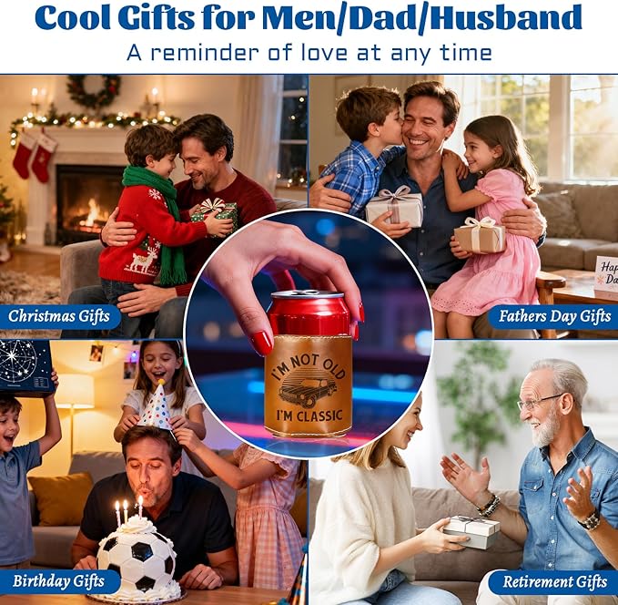 Ftahers Day Gifts for Dad from Daughter Son,Funny Gifts for Grandpa Men,Mens Birthday Gag Cool Retirement Christmas Gifts for Him Husband,Leather Can Cooler Sleeve Holder for Soda